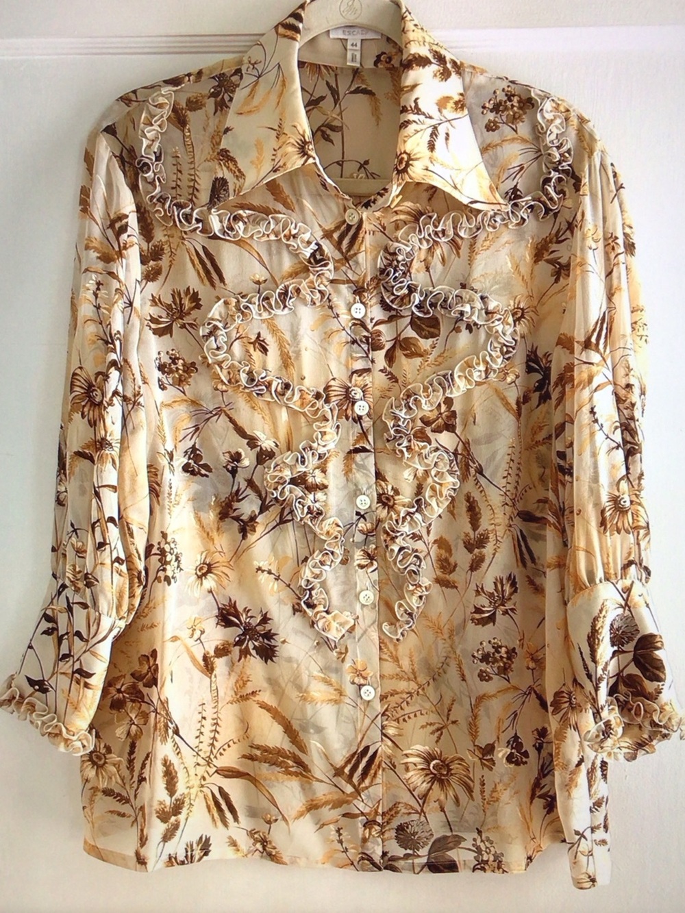 Escada Cream and Brown Floral Ruffle Button-Down Shirt